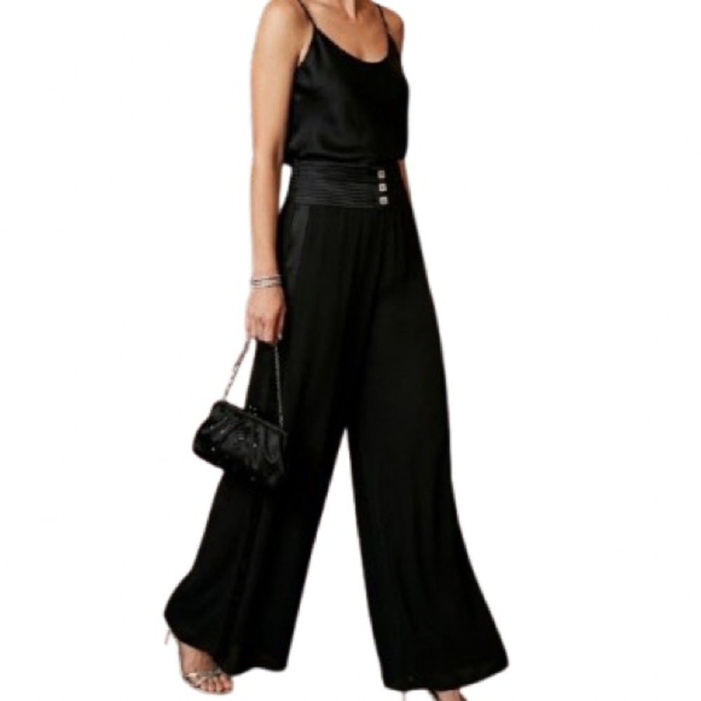 JS Collections Black Wide-Leg Tuxedo Dress Pants - Satin Waistband - Waist 14”